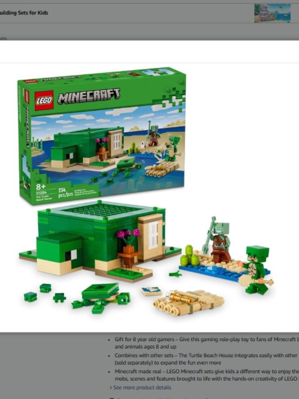NWB Minecraft Lego "The Turtle Beach House," Years 8+, 234 Pieces, #21254